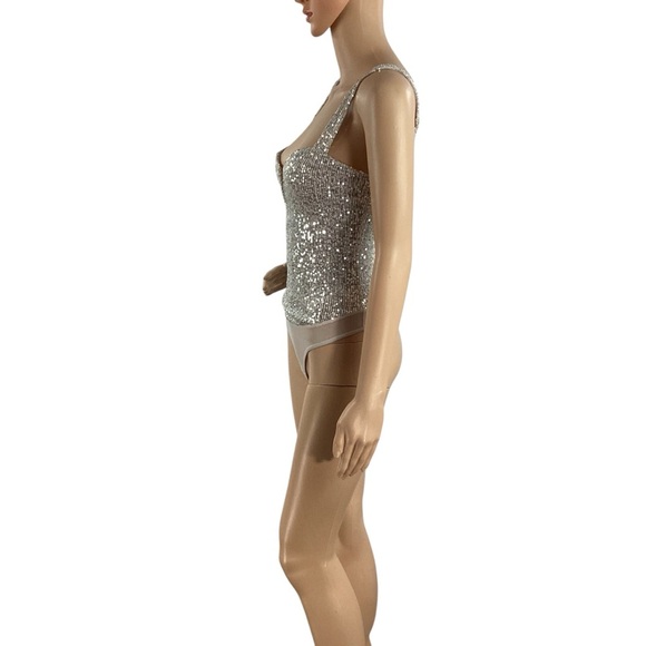 Free People Intimately Sparks Fly Silver Sequin Thong Bodysuit Size S - Picture 4 of 7